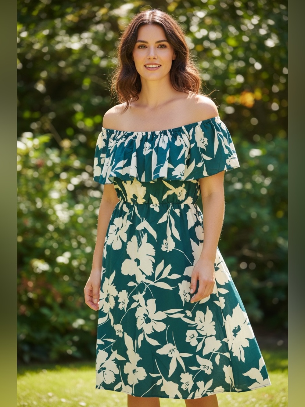 On Or Off-Shoulder Teal Floral Dress